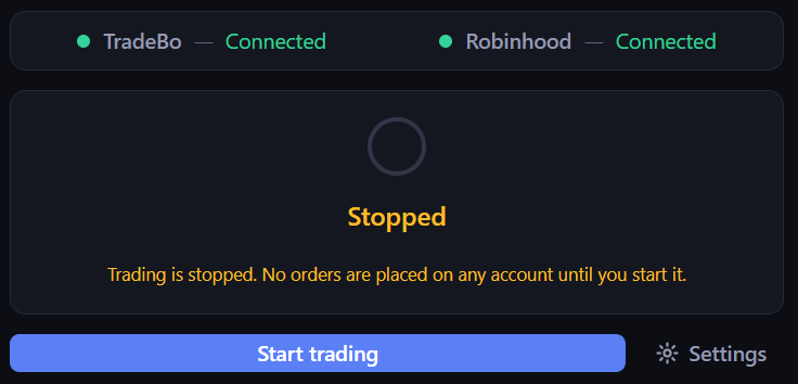 The agent stopped: Trading is stopped. No orders are placed on any account until you start it. A Start trading button below.