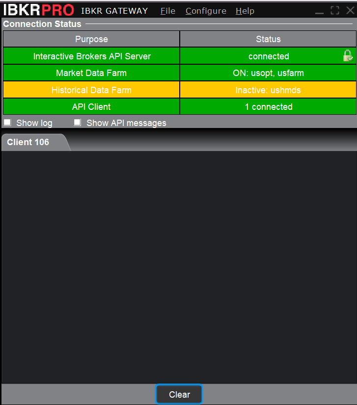 IB Gateway's Connection Status: API server connected, market data farm on, API Client 1 connected