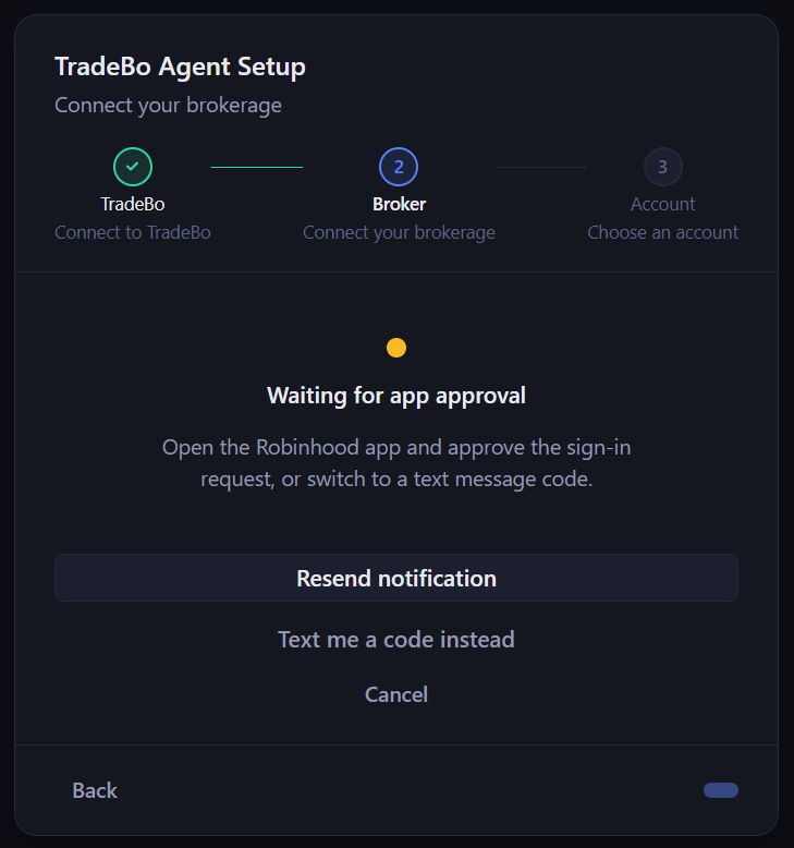 The agent waiting for app approval, with Resend notification, Text me a code instead and Cancel